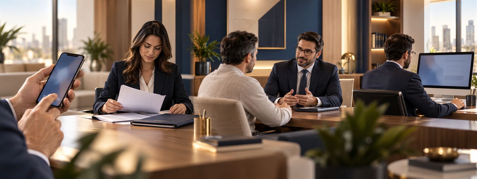 Mesa de reunião do escritório com documentos, durante o atendimento a um cliente