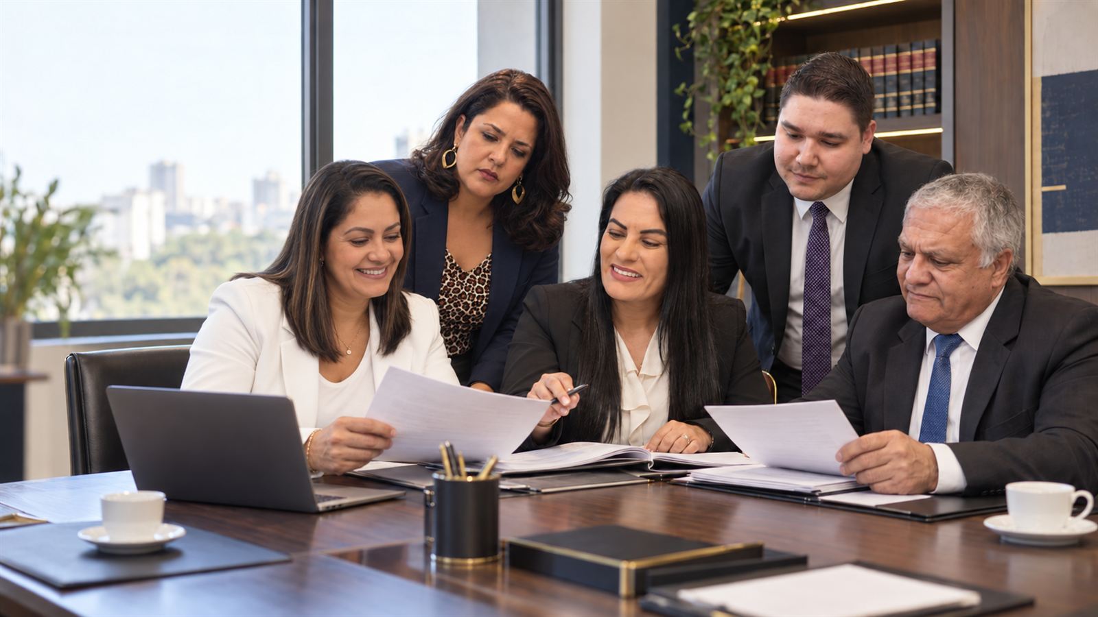 Equipe da Emídio & Fernandes Advocacia reunida na mesa de trabalho do escritório
